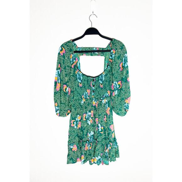 Free People Womens Endless Summer Picnic Printed Smocked Mini Dress Green Floral - Picture 3 of 11